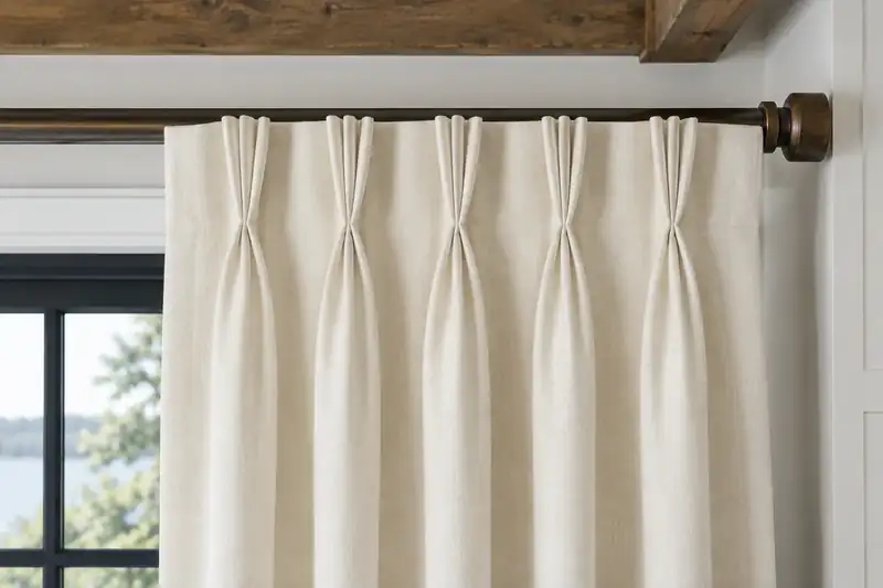 Detalhe de cortina clara com pregas agrupadas e costuradas no topo
