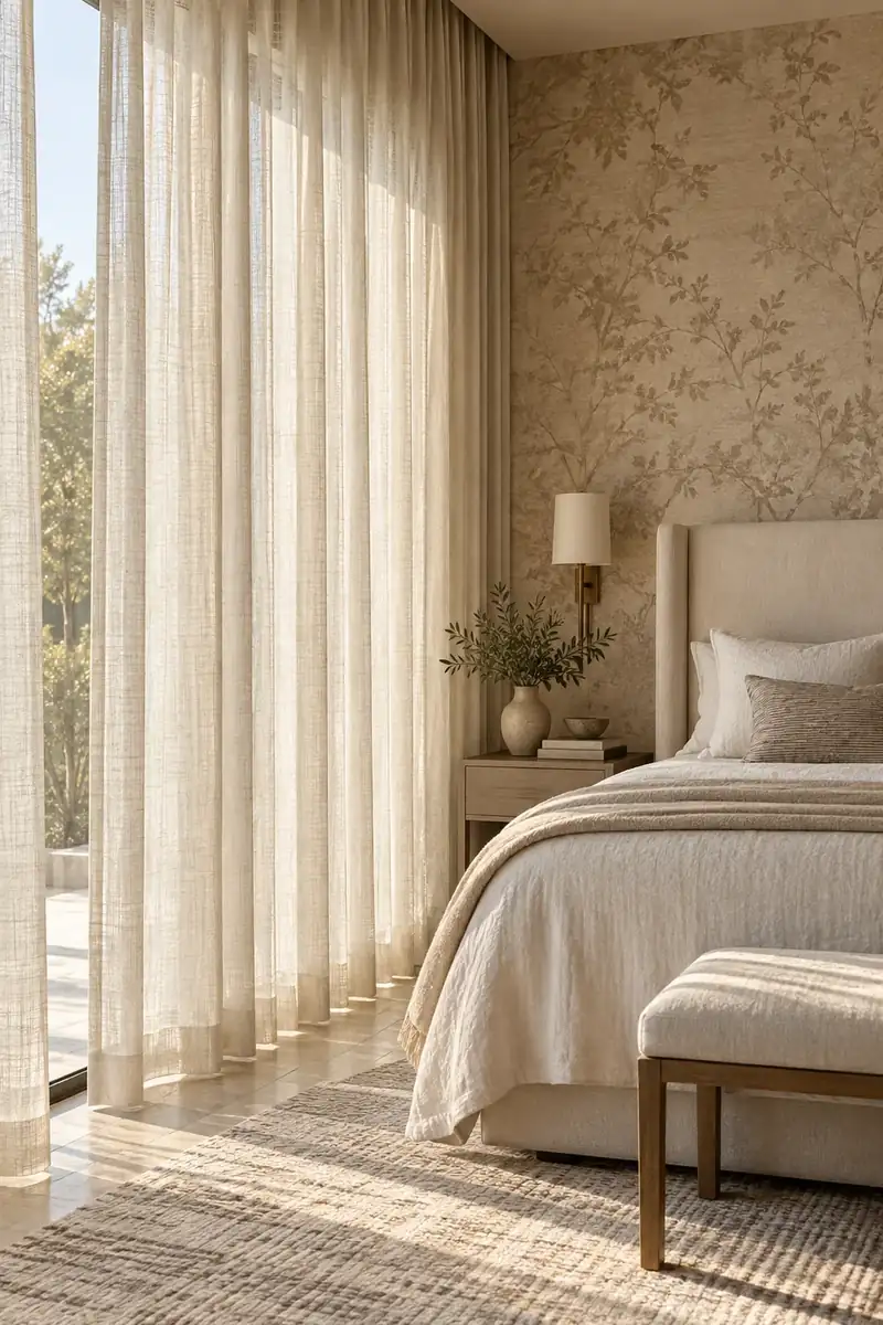 Cortina de linho e voil com luz natural suave