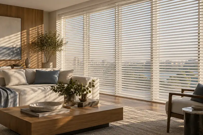 Persianas horizontais claras filtrando a luz em uma sala contemporânea
